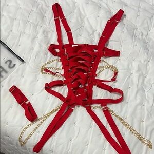 Red Strappy Harness Lingerie with Gold Chains